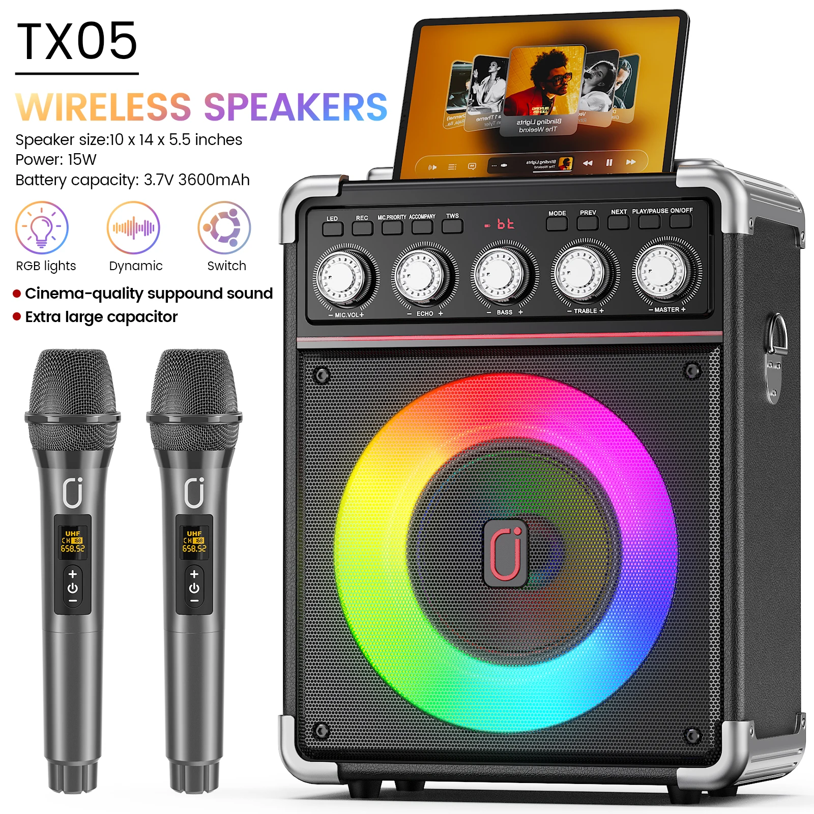 TX05 Macchina per karaoke con 2 microfoni wireless, altoparlante Bluetooth portatile con luci da discoteca, controllo dei bassi/acbre e telecomando, sistema PA