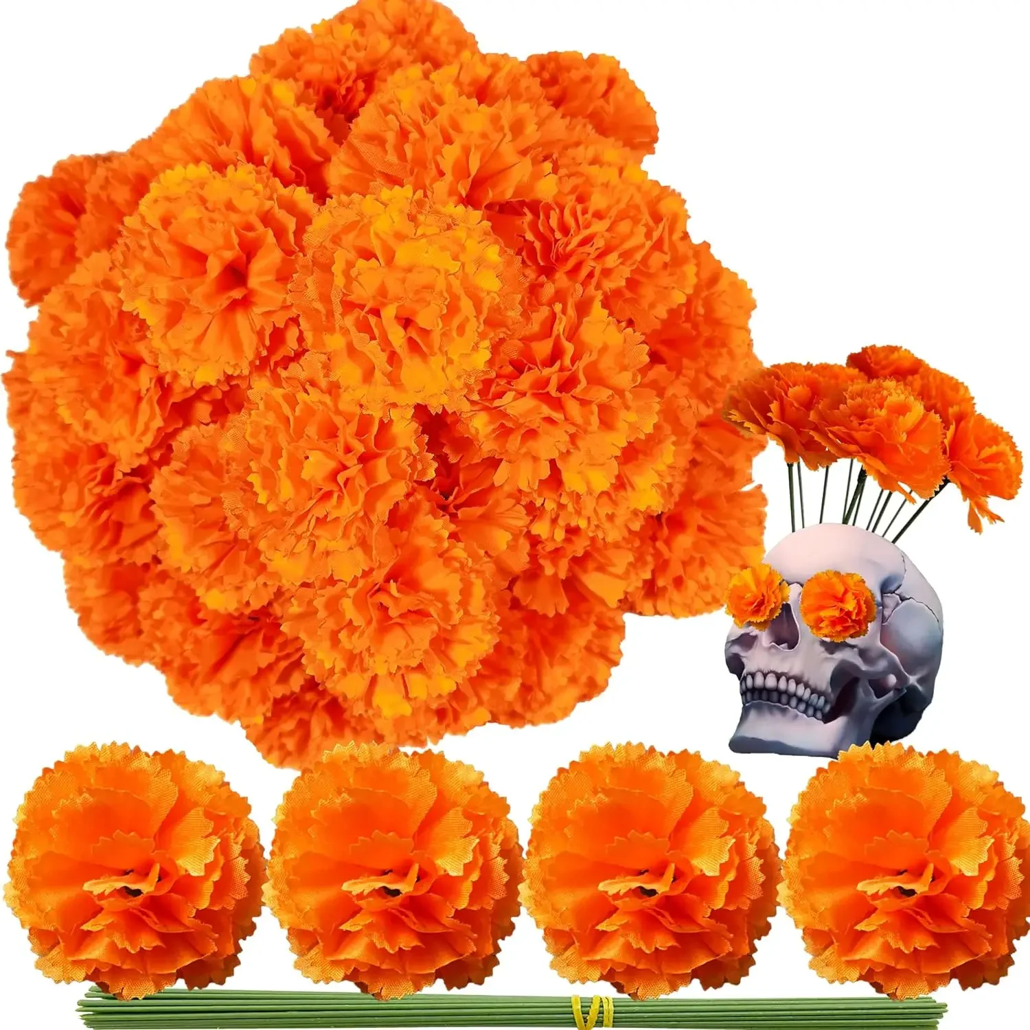 Flores artificiales De caléndula mexicana, decoración para el Día De Los Muertos, Diwali, manualidades para el hogar, fiesta De Halloween, 50 piezas