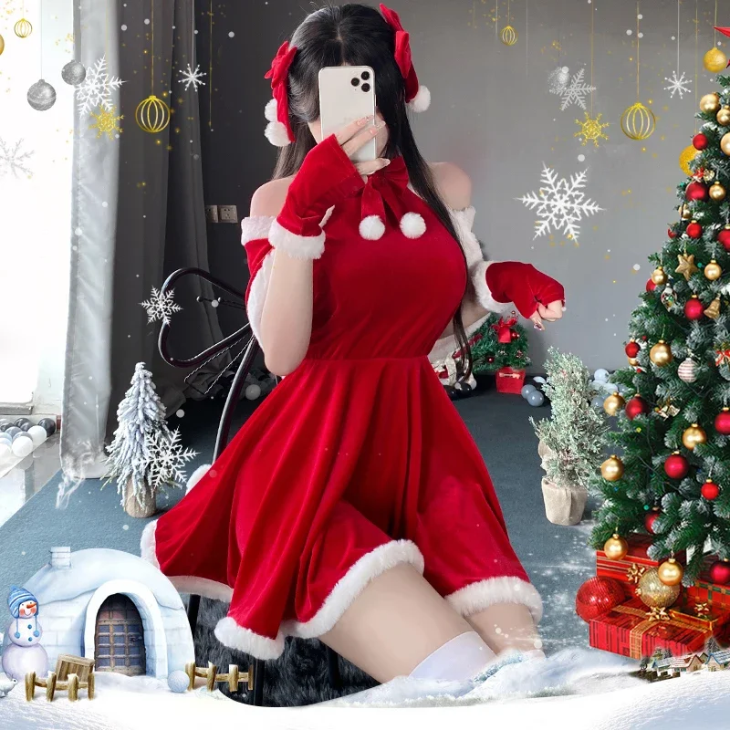 Christmas Sexy Plush Dress Bunny Girl Uniform Cosplay Costume Velvet New Year Red Nightdress Role Play Outfits Underwear Girl