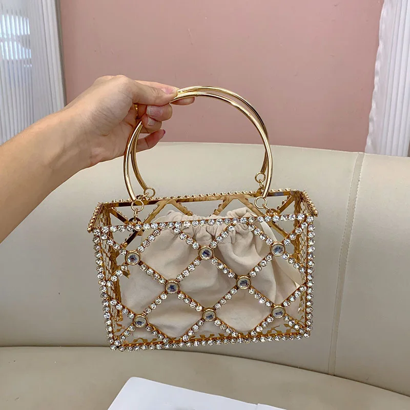 Heavy industry metal shiny ineffectual rhinestone bird cage dinner bag celebrity light luxury personality simple hollow handbag