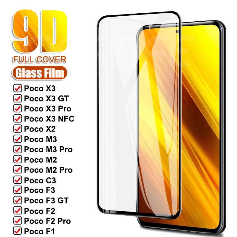 9D Tempered Glass For Xiaomi Poco X3 NFC F3 GT Protective Glass Xiaomi Poco X3 M3 M2 F2 Pro F1 F3 C3 X2 Screen Protector Film