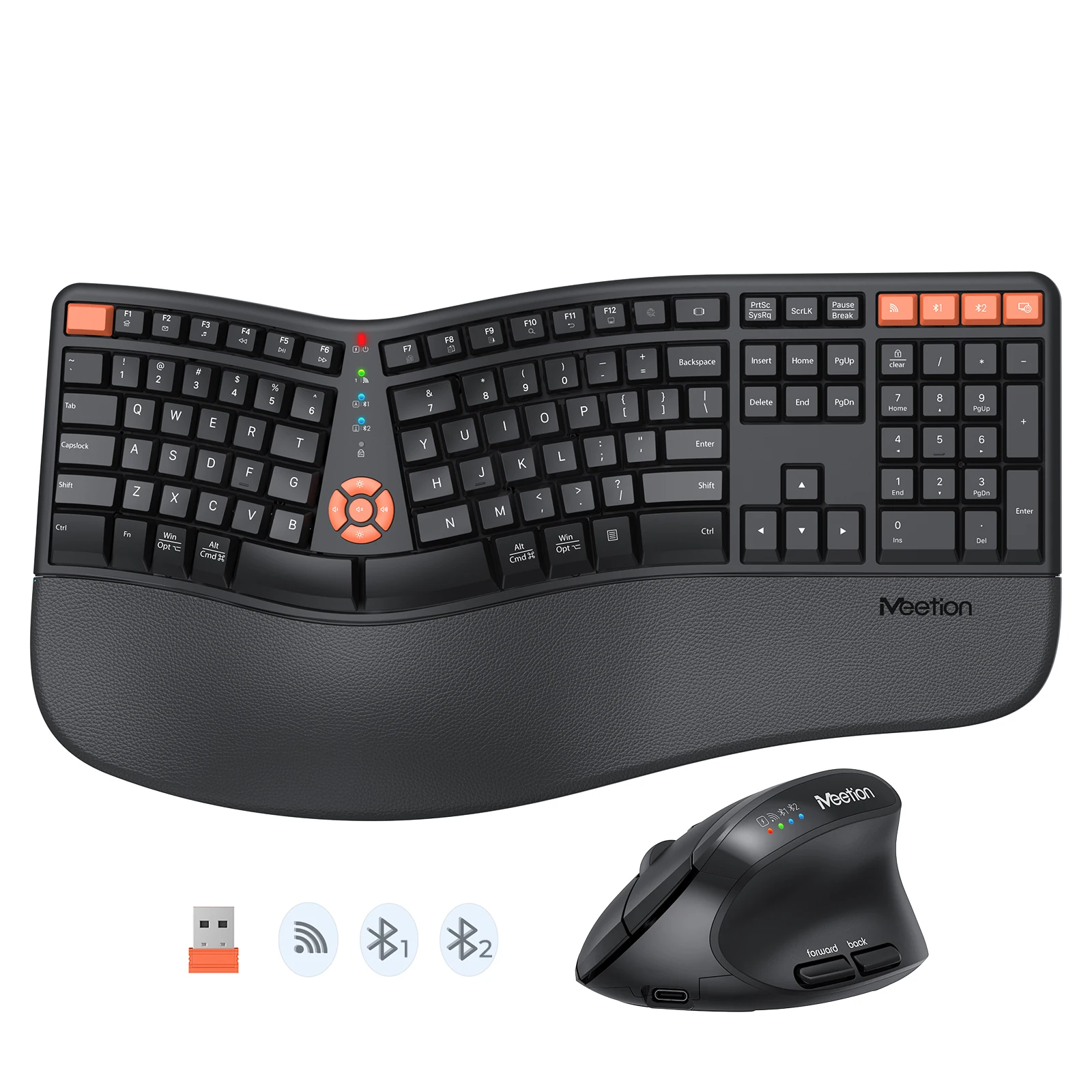 DirectorC2 Ergonomic Keyboard Mouse Set, Full-Size with Padded Wrist Rest, 2.4GHz Wireless USB, Rechargeable, for Windows/Mac/PC