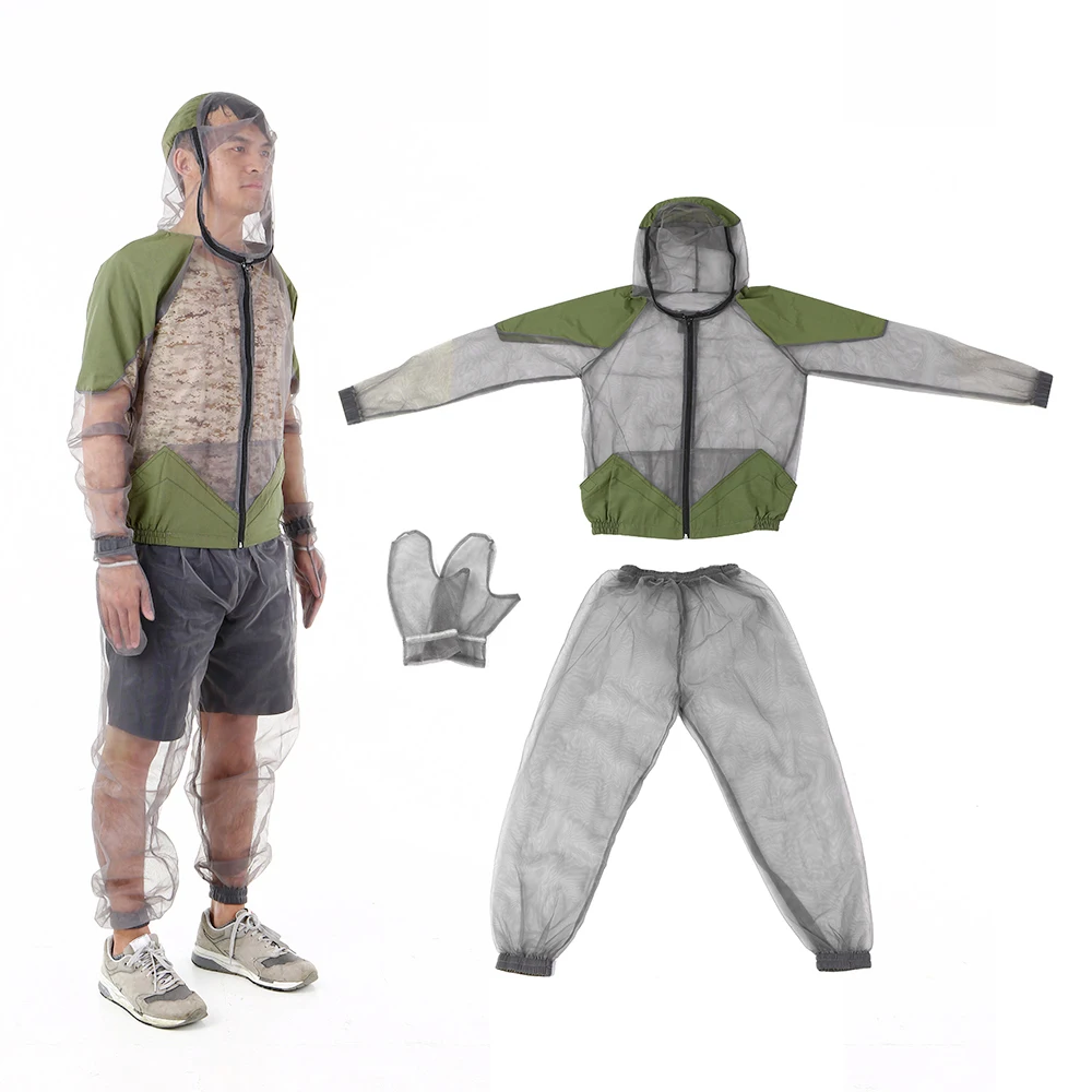 Outdoor Mosquito Repellent Suit Mesh Hooded Suits Fishing Hunting Camping Clothes Insect Protective Mesh Shirt Gloves Pants Set