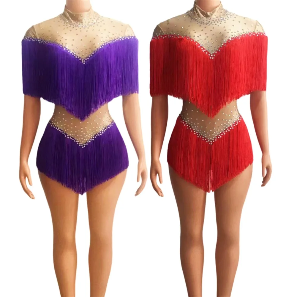 Glamorous Rhinestone Fringe Onesie for Socialite Birthday Party & Stage Performance with Hollow Waist Glam Outfit Party Dresses