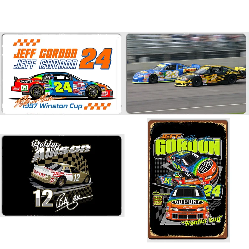 جيف جوردون ناسكار - بوبي أليسون كلاسيكي عتيق لسباق السيارات ملصق معدني علامة بار جدار السيارة المرآب غرفة الديكور ديكور المنزل