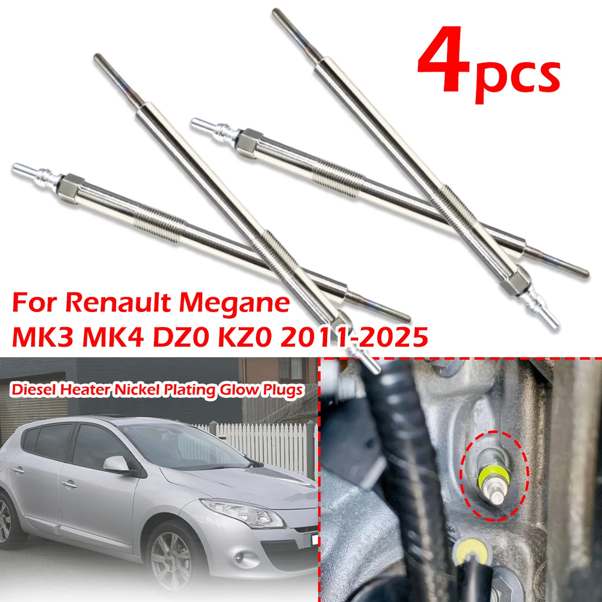 

4PC/kit For Renault Megane MK3 MK4 DZ0 KZ0 2011-2025 1.6 dCi Diesel Heater Nickel Plating Glow Plugs 4.5V Accessories 110650819R
