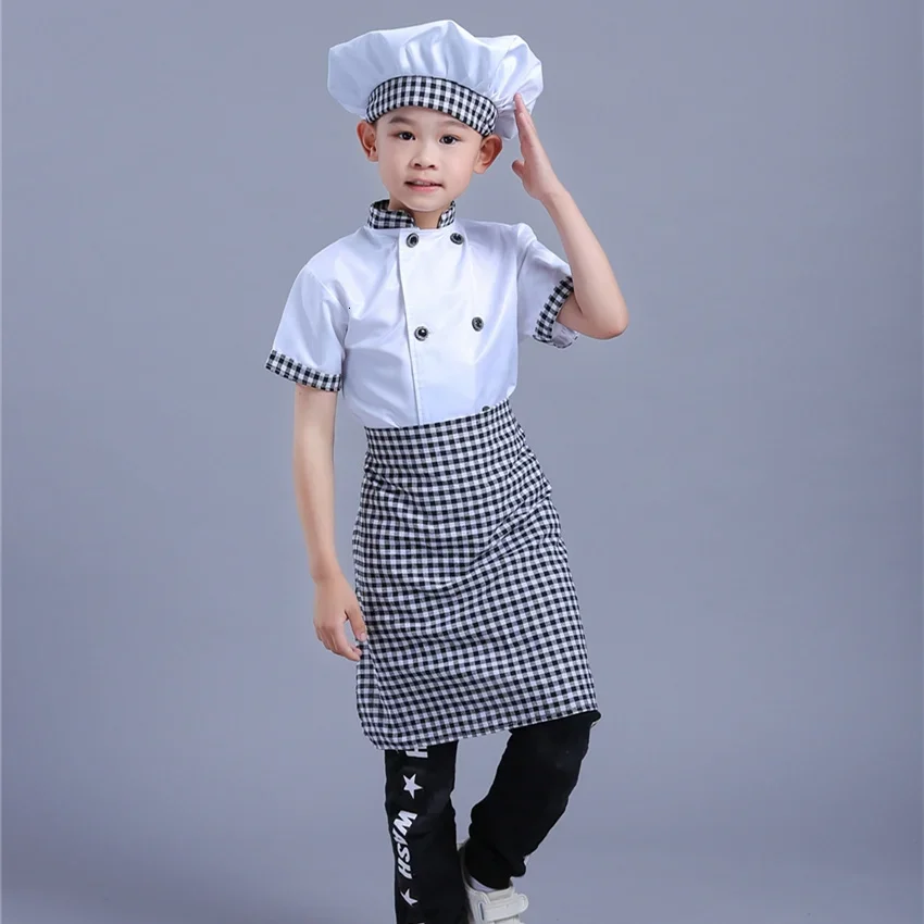 Kids Chef kurtki kuchenne Roleplay Uniform Cook Hat restauracja Cosplay kostiumy Halloween dzieci kelner kelnerka zestawy ubrań