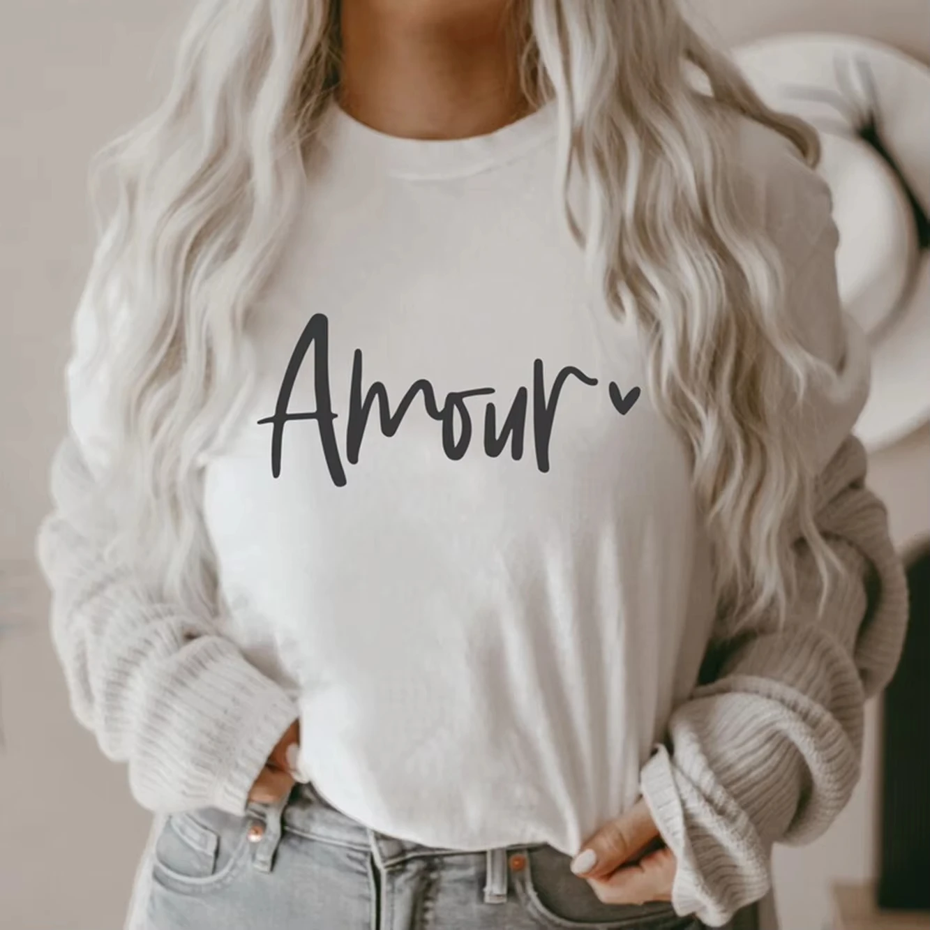

AMORE Letter Print Largesized Women's T-Shirt in Black Unisex Casual Slogan Summer Cotton Tee Drop Shipping