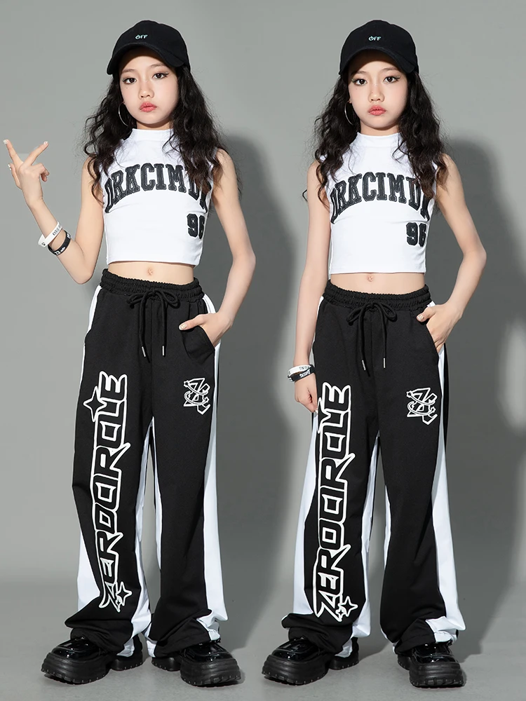 Kids Jazz Dance Clothes Girls Vest Black Pants Sleeveless Concert Performance Suit Hip Hop Dance Costume Street Wear BL11052