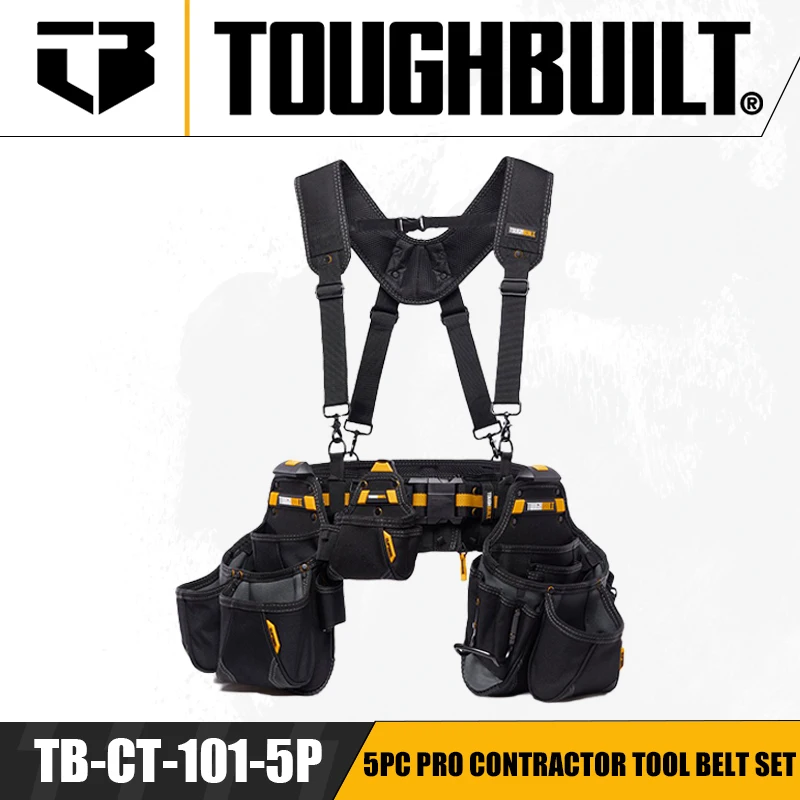 

TOUGHBUILT TB-CT-101-5P 5pc Pro Contractor Tool Belt Set Waist Bag Belt Shoulder Strap Power Tool Accessories