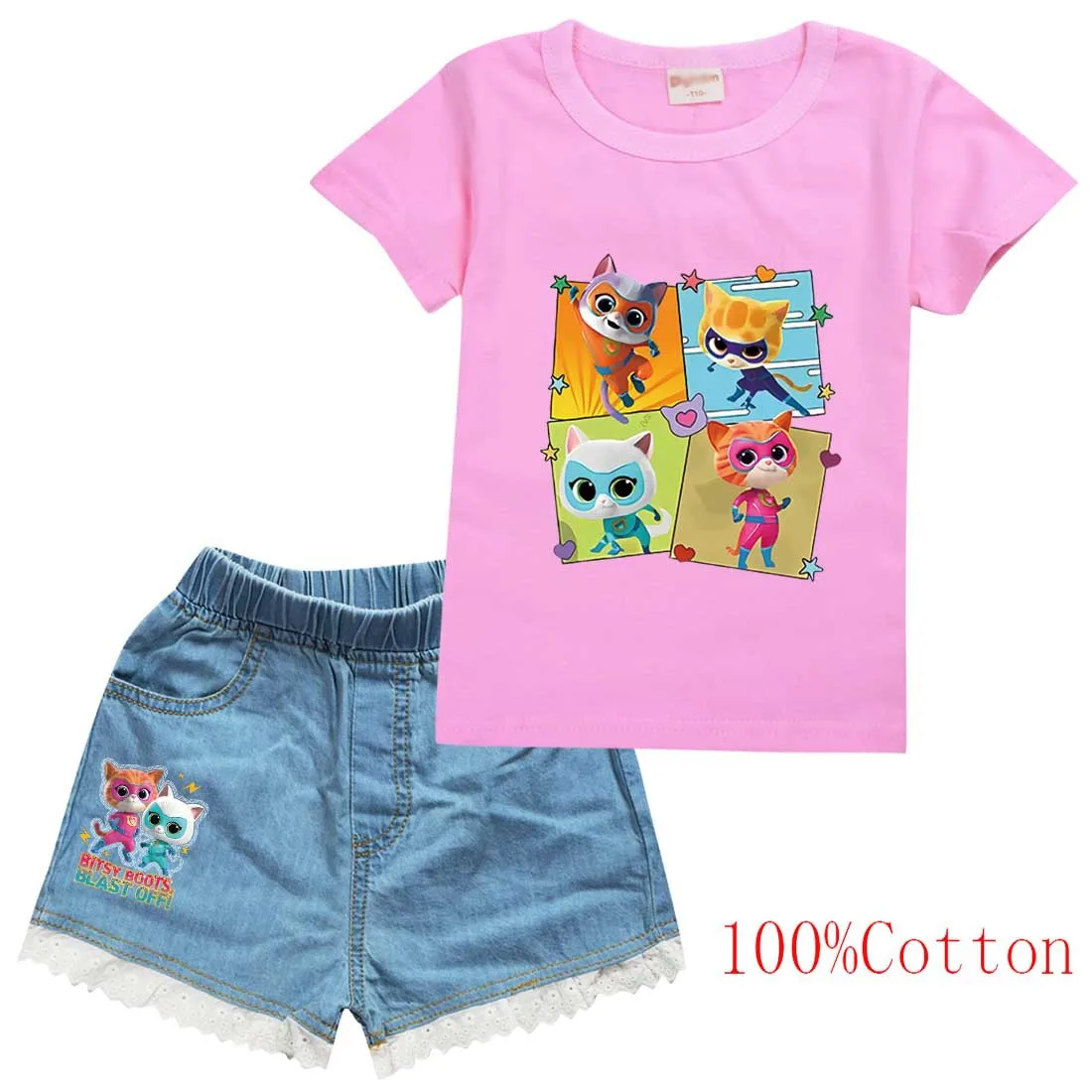 

Cartoon SuperKitties T Shirt Kids Fashion Summer Clothes Baby Girls Super Cats T-Shirt Denim Shorts 2Pcs/Sets Boys Tracksuits