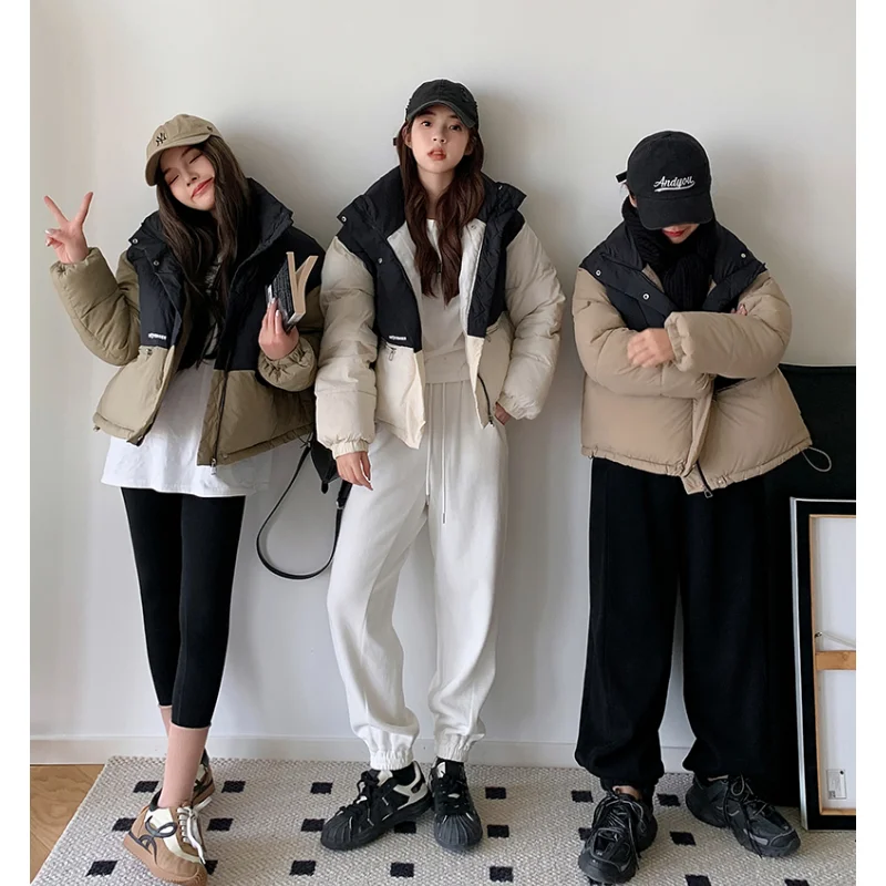 Down Jacket Contrasting Colors Women Coat Black Fashion American Streetwear Y2K Duck Down Feather Female Winter Khaki Outwear