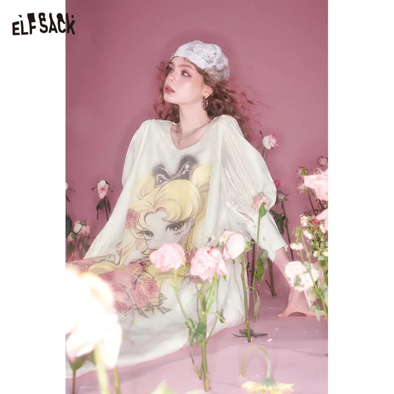 ELFSACK 2025 Summer New Arrival Loose Casual Original Animated Printed V-Neck Bubble Sleeve Women'S Long Dress