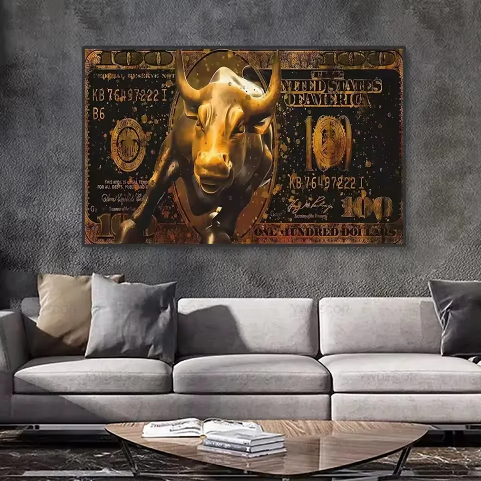 Large Size Golden Bitcoin Bull Bear Wall Street Bull Investment Wall Art Wealth Investing Poster for Room Office Decor Gift