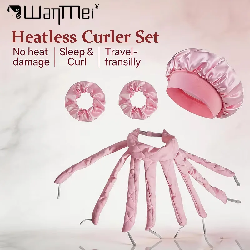 Satin Heatless Curling Rod Set with Hair Bonnet Elastic Scrunchies No Heat Overnight Lazy Hair Styling Kit for Beautiful Curls