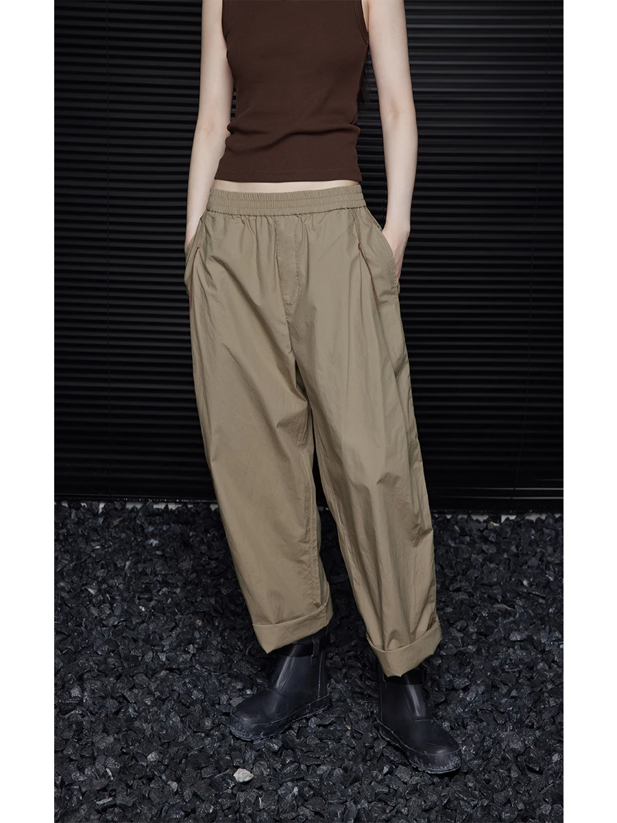 

Женские хлопковые брюки цвета хаки с широкими штанинами, свободные, с эластичным поясом, повседневные, длинные, прямые, в японском стиле, летние, уличная мода