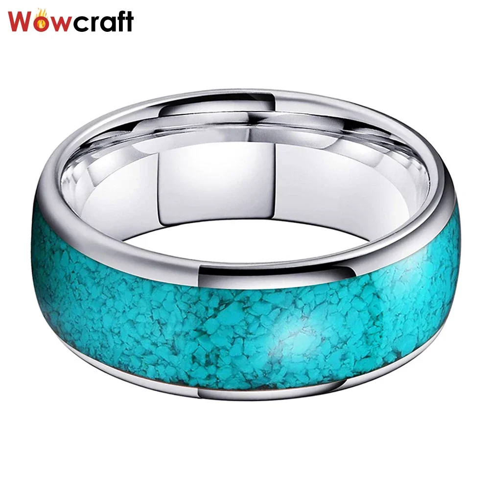 Tungsten Trendy Rings Crushed Turquoise Inlay Wedding Bands Polished Shiny Domed Comfort Fit Size 4-15