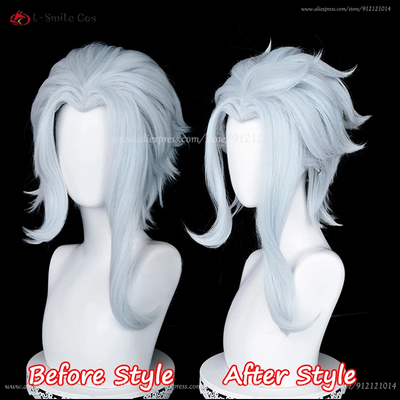 Fatui Doctor II Dottore Cosplay Wig 30cm Short Man Wigs Light Blue Heat Resistant Synthetic Hair Halloween Anime Wigs + Wig Cap