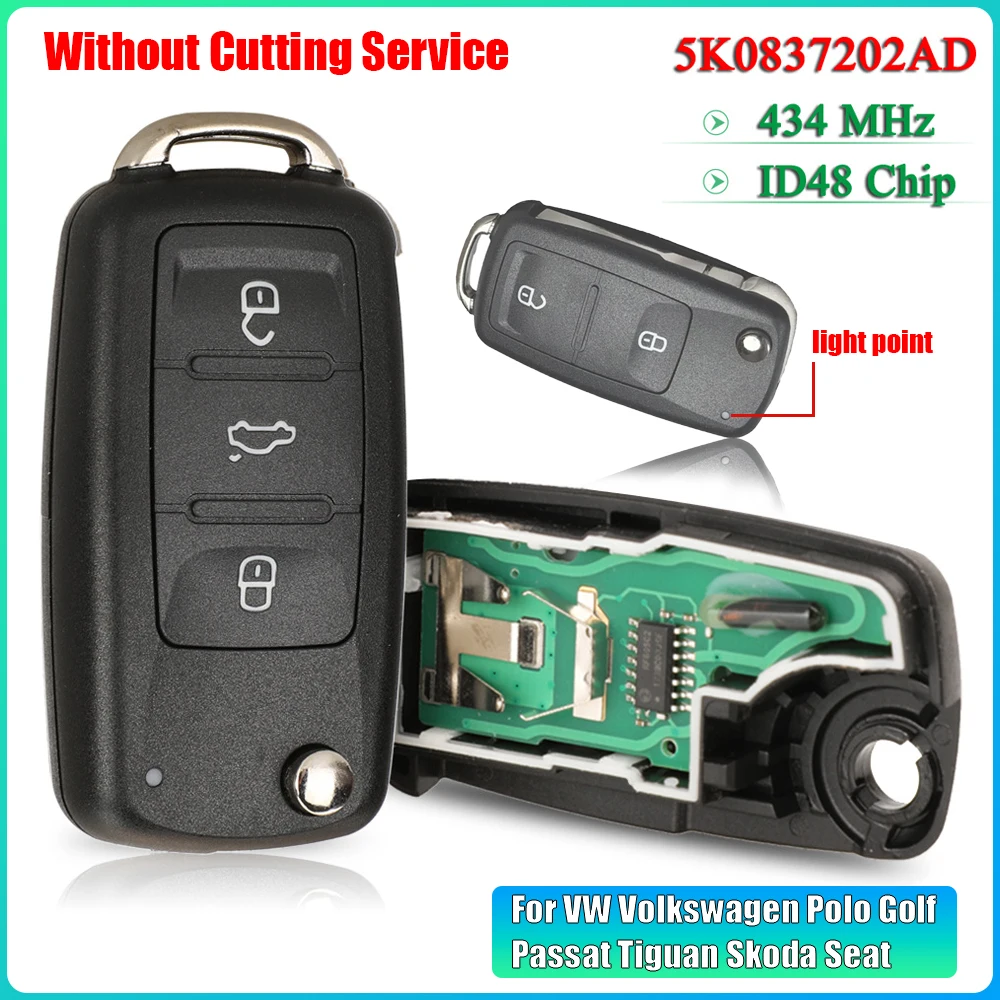 

5K0837202AD 434MHz ID48 CHIP Flip Remote CarKey Fit VW Volkswagen Polo Golf Passat Tiguan Skoda Seat Key Cutting