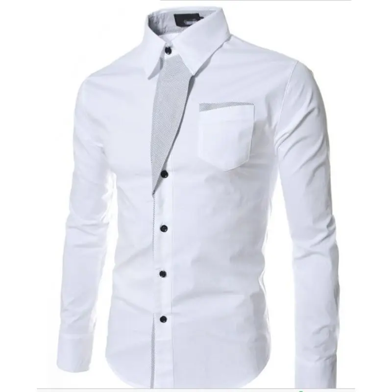 Camisa ajustada de manga larga para hombre, camisa informal con estampado de rayas empalmadas, cuello tipo Polo Simple, moda coreana, primavera y