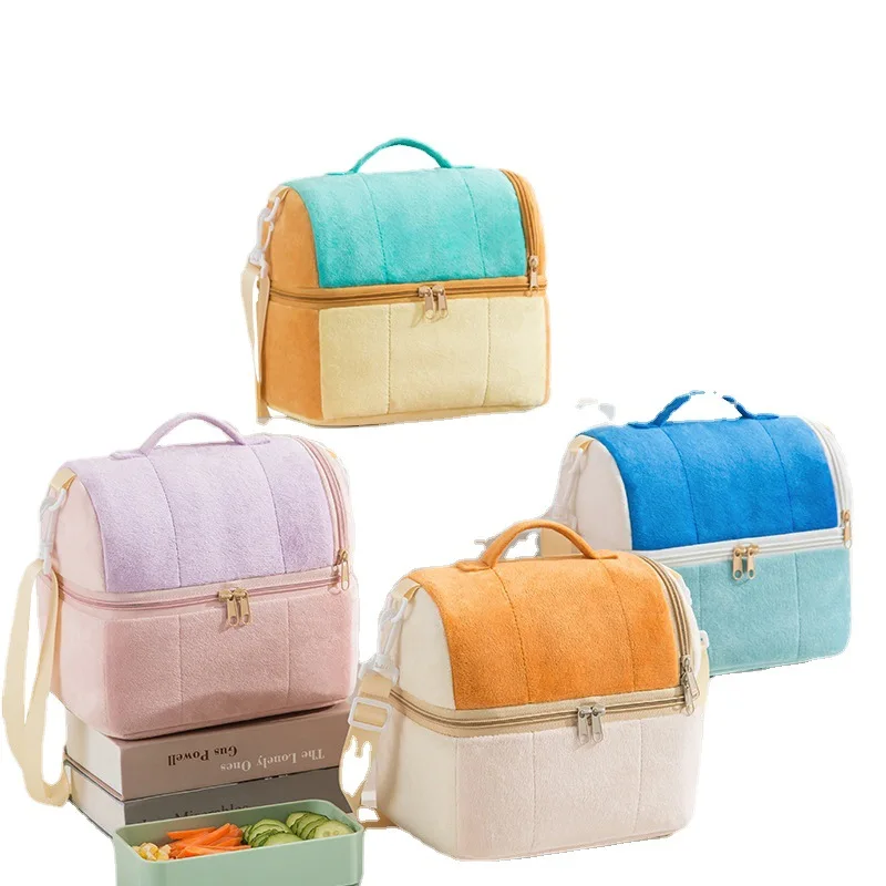 New Double Flannel Cooler Lunch Bag Printed Insulated Thermal Food Picnic Handbag Portable Shoulder Lunch Box Storage Tote