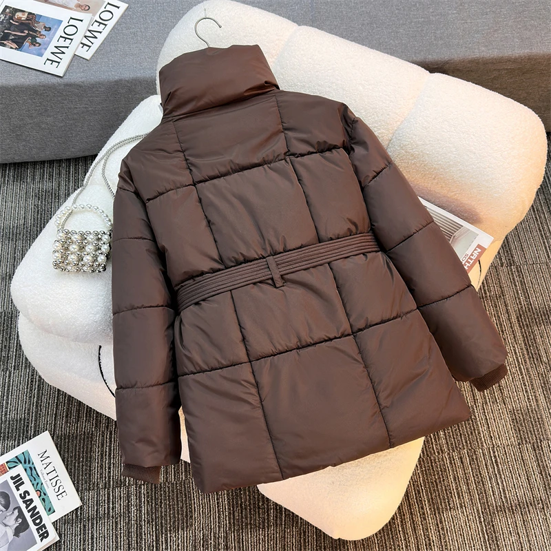 Chaqueta de plumón de invierno para mujer, chaquetas acolchadas de algodón ruso, cinturón delgado, temperamento, Parka larga gruesa y cálida, prendas de vestir holgadas y ajustadas, tendencia