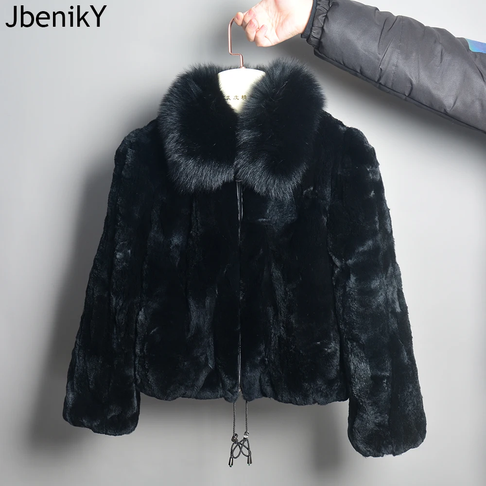 

2024 New Women High Quality Genuine Rex Rabbit Fur Jacket With Fox Fur Collar Winter Warm Thick Natural Real Rex Rabbit Fur Coat