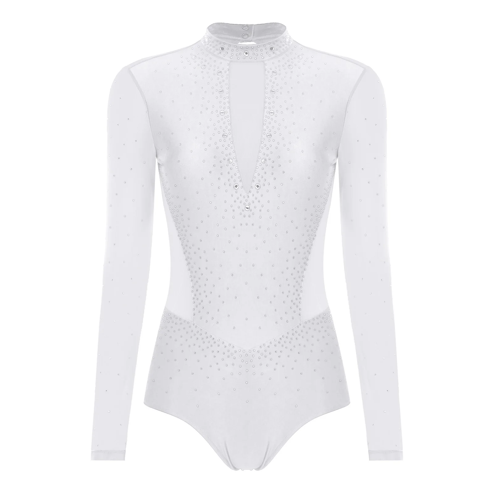 

Women Leotards Gymnastics Athletic Figure Skating Ballet Costume Long Sleeve Sheer Mesh Patchwork Rhinestones Bodysuit Dancewear