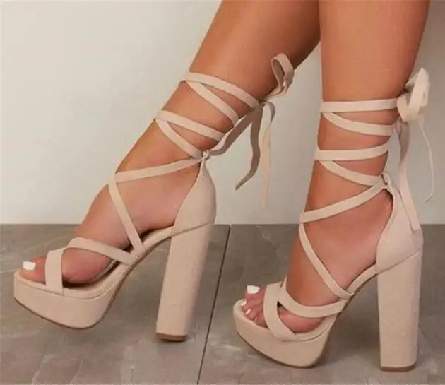 Hot Women Beige Suede Cross Strap Lace Up Cover Heel Open Toe Platform Gladiator Square Heels Summer Sandals Female Formal Shoes