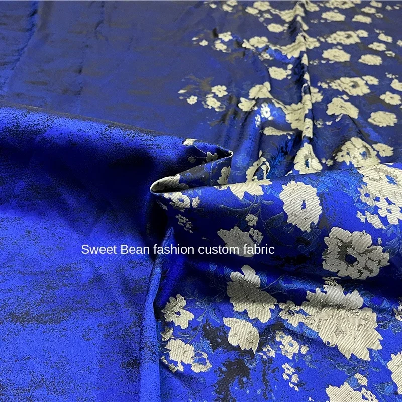 

140x155cm Blue Woven Jacquard Brocade Fabric for Sewing Dress Coat Hanfu Ancient Costume Fashion Desing Cloth Per Meter
