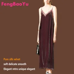 Fengbaoyu-Silk Velvet V-Collar Suspender Dress, French Lace Decorated, Garnet Dress, Spring and Autumn,Casual Dresses