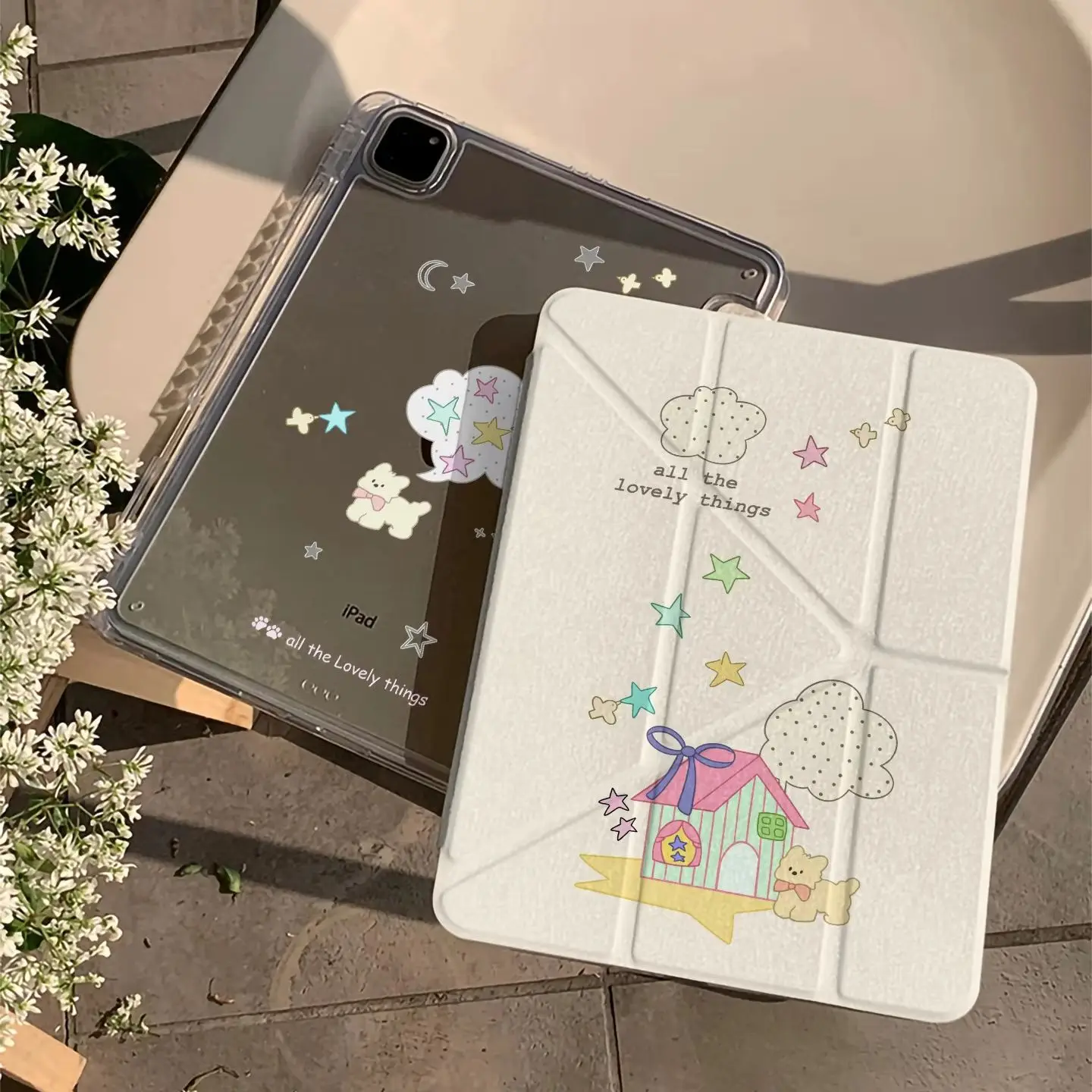 Cute Puppy Colorful Star Y2K Y-Fold Tablet Case For iPad Pro 11 12.9 13 A16 M2 M4 M3 M5 5/6/7/8/9/10/11th Mini Air 3 4 5 Cover