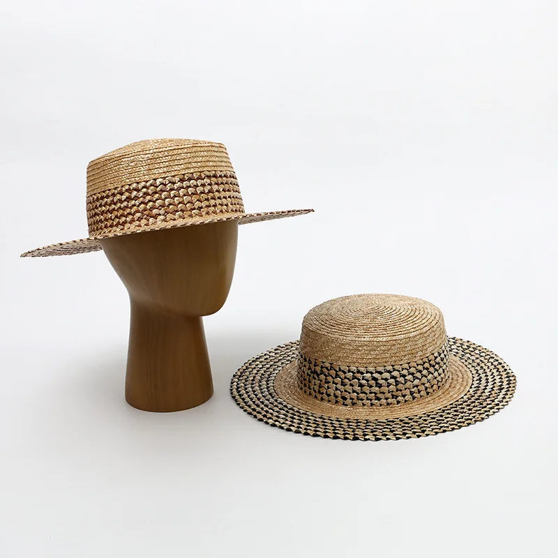 Summer Women's Sun Hat Straw Wide Brimmed Beach Hat Color Block Design Handwoven Rattan for Outdoor Travel and Sun Protection