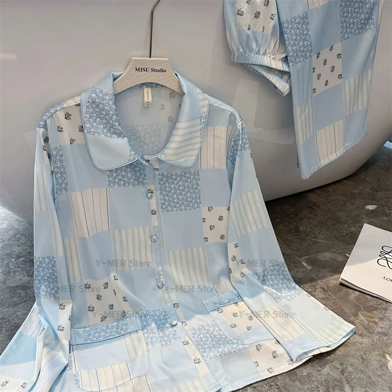 

Новая синяя клетчатая домашняя одежда с длинными рукавами Pijama Mujer, роскошная одежда для сна с принтом, одежда для дома из ледяного шелка, рубашка с лацканами, брюки, Pijamas Mujer