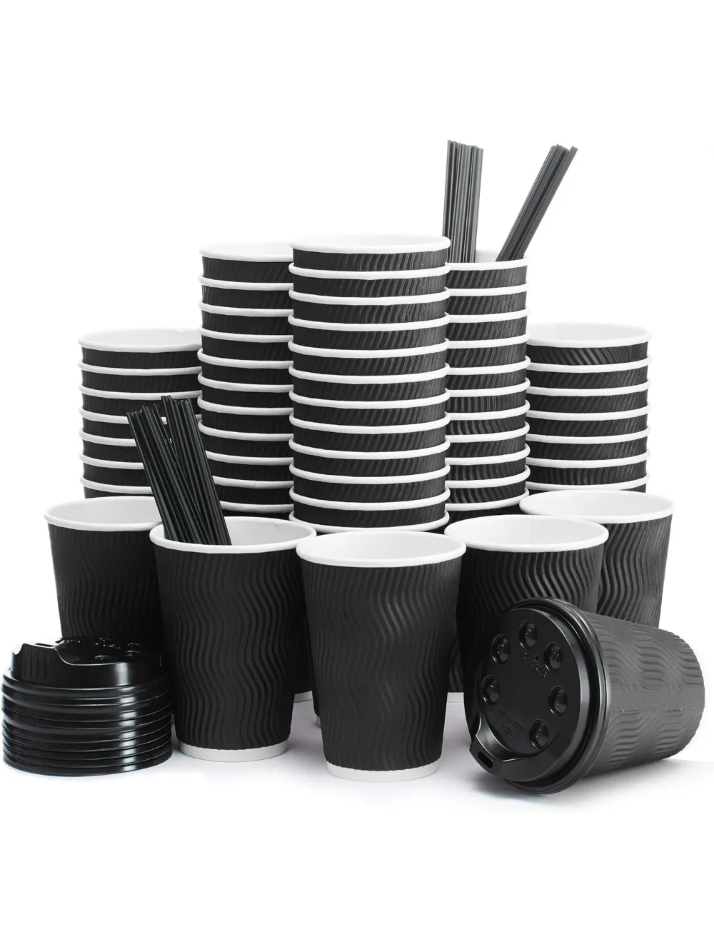 

100 упаковок изолированных одноразовых кофейных чашек на 12 унций с крышками и соломинкой — термостойкие