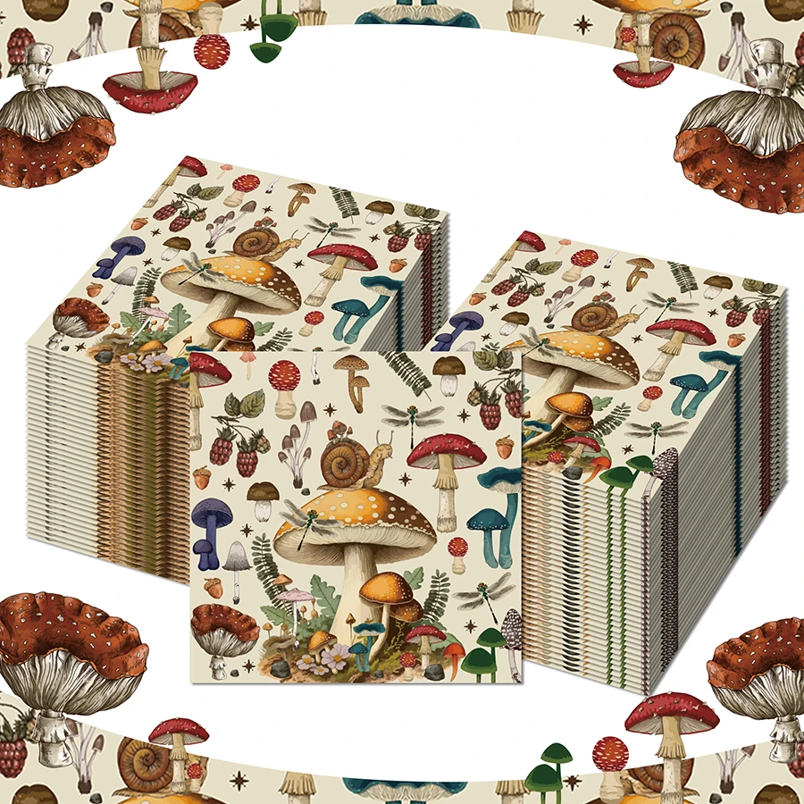 Serviettes en papier rétro motif champignons et escargots aquarelle, 20 pièces, jetables, motif floral forestier, pour décoration de table et découpage artisanal