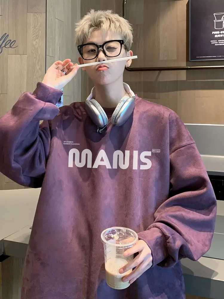 

Heavyweight 400g Plum Purple round Ne Sweatirt Men's Spring Autumn Oversize American Retro Trendy Brand Casual Comfortable