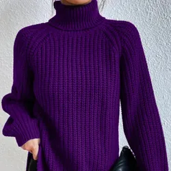 Autumn and Winter Women's Pullover High Neck Solid Screw Thread Medium Length Knitwear Long Sleeve Sweater  Casual Bottom Tops