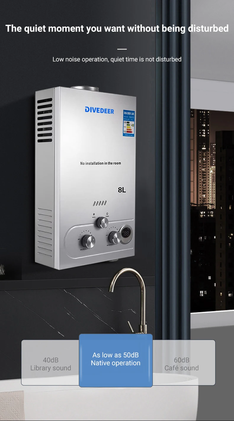 DIVEDEER 8L/12L/16L/18L Portable Instand Water Heater Gas LPG Wall-Mounted Tankless Water Heater Digital Display Fast Heating