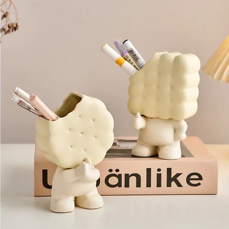 Multifunctional Storage Tube Decoration, Creative Biscuit, Ceramic Character, Pen Holder, Living Room, Desktop, Makeup, Brush