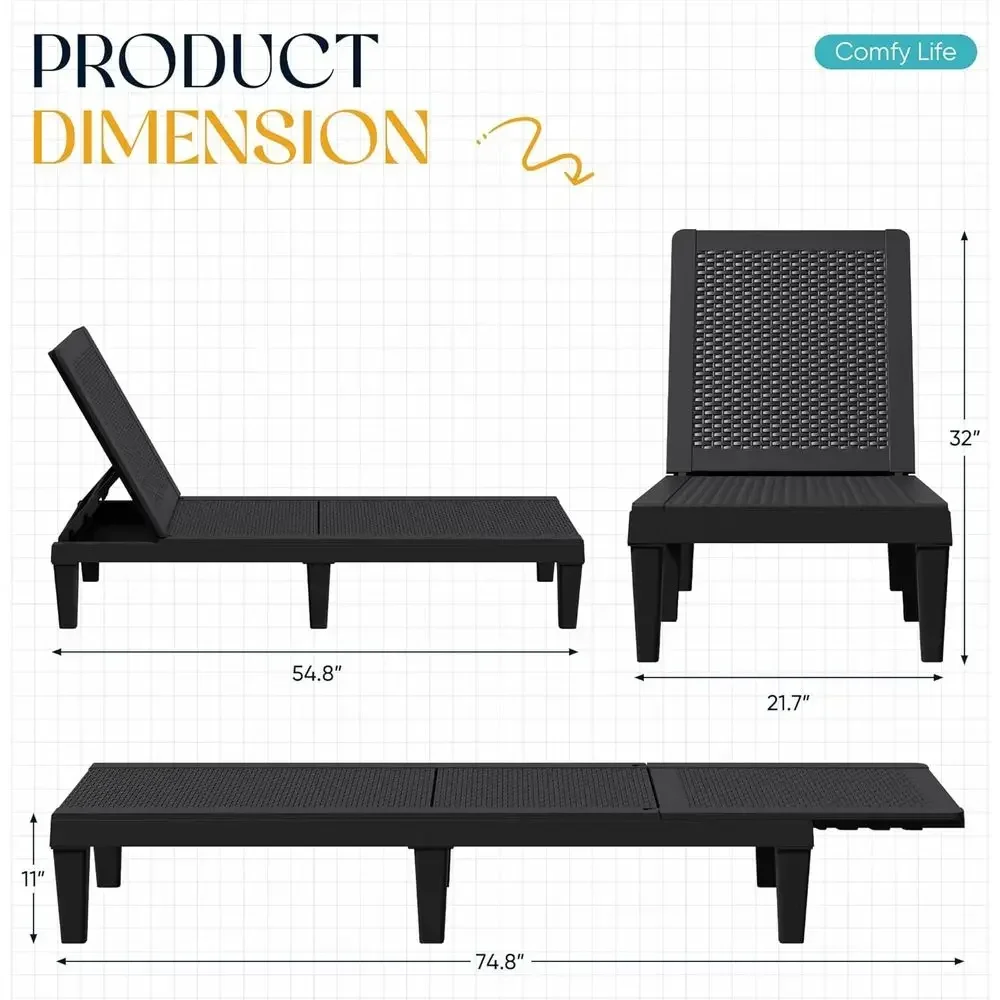 Set of 2 5-Position Adjustable Backrest Chairs, Waterproof PP Sun Loungers for Garden, Pool, Beach, and Patio, Black