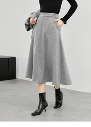 SENTUBILA Winter Wool Blend Skirts for Women 2024 New Solid A-line High-waist Elegant Commute Umbrella Long Skirts 144Q57454