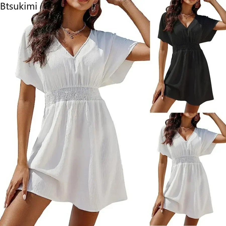 

2025Women's Summer Casual Dress Solid Holiday Beach White Sundress Fashion Mini Dress Ladies Loose V Neck Vestidos Vintage Dress