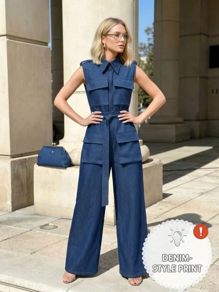 Women Denim‑Style Sleeveless Lapel Jumpsuit Multi Cargo Pockets Self‑Tie Belt High Waist Wide Leg Casual Office Fashion Jumpsuits