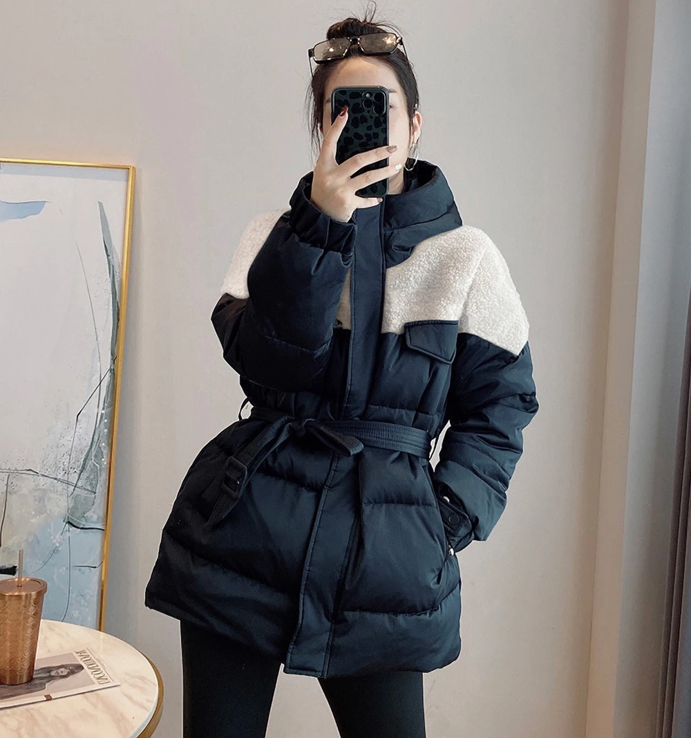 Black Lamb Wool  Spliced Down Cotton Coat for Women's Winter Mid-length Adjustable Waist Thickened Hooded Cotton-padded Jackets