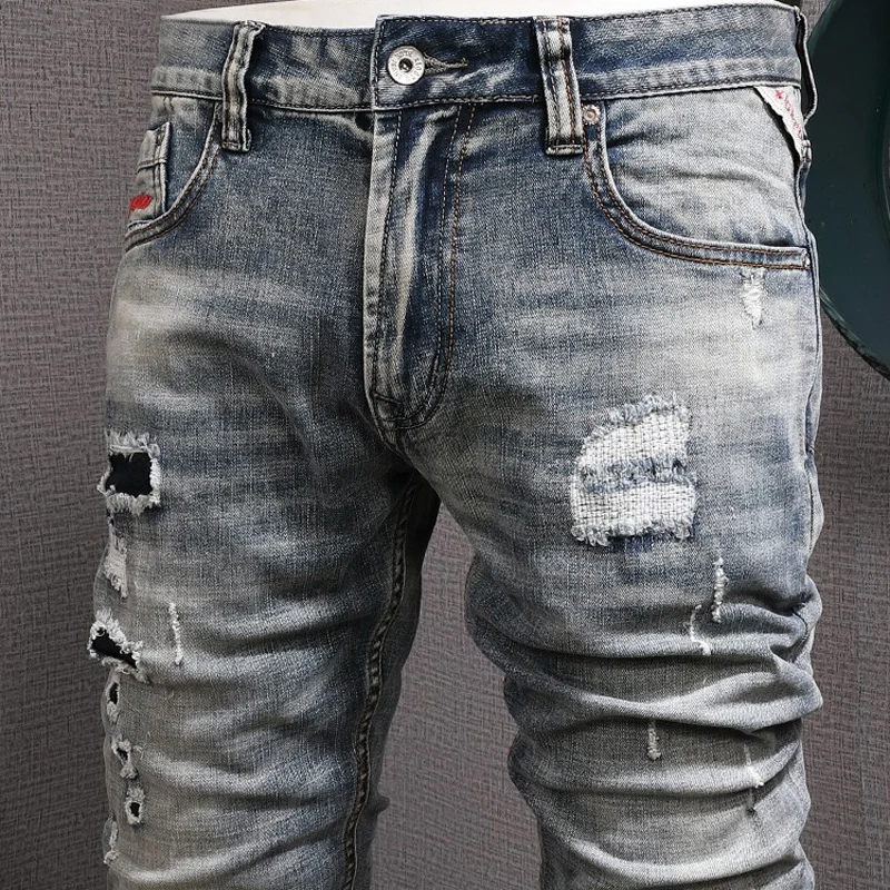 Fashion Designer Men Jeans Retro Washed Gray Blue Elastic Slim Fit Hole Ripped Jeans Men Patched Vintage Denim Pants Hombre