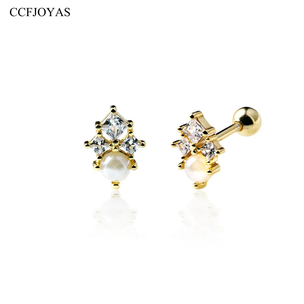 CCFJOYAS 925 Sterling Silver Pearl Zircon Stud Earrings for Women Japanese and Korean style Sweet Mini Ear Bone Studs Jewelry