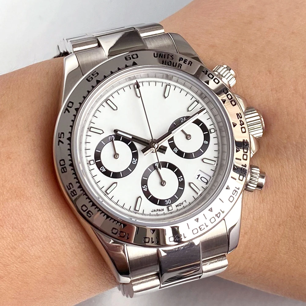 

Tandorio 39MM Japan VK63 Chronograph Quartz Watch Men White Dial Silver/Black Bezel Stop Wristwatch Sapphire Glass 316L Bracelet