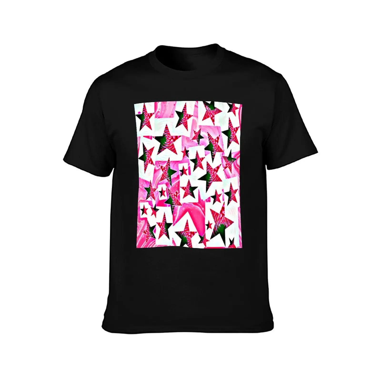 Watery Star pattern, mixture, pink and green swirl.Digital art. T-Shirt Basic Plain Short Sleeve Crew Neck Tee T-Shirt