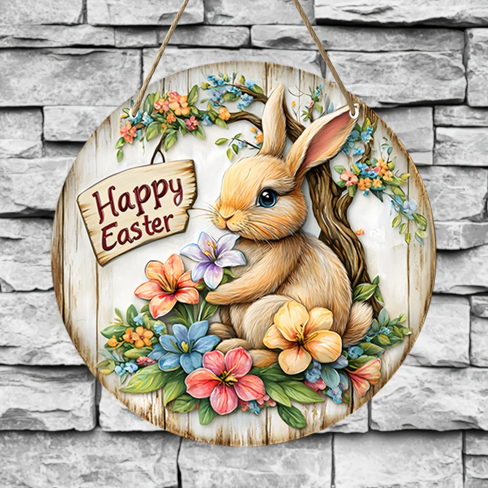 1 piece farmhouse style round wooden Easter bunny logo, 7.87 inch made wooden wreath with lilies and spring decoration, farmhous